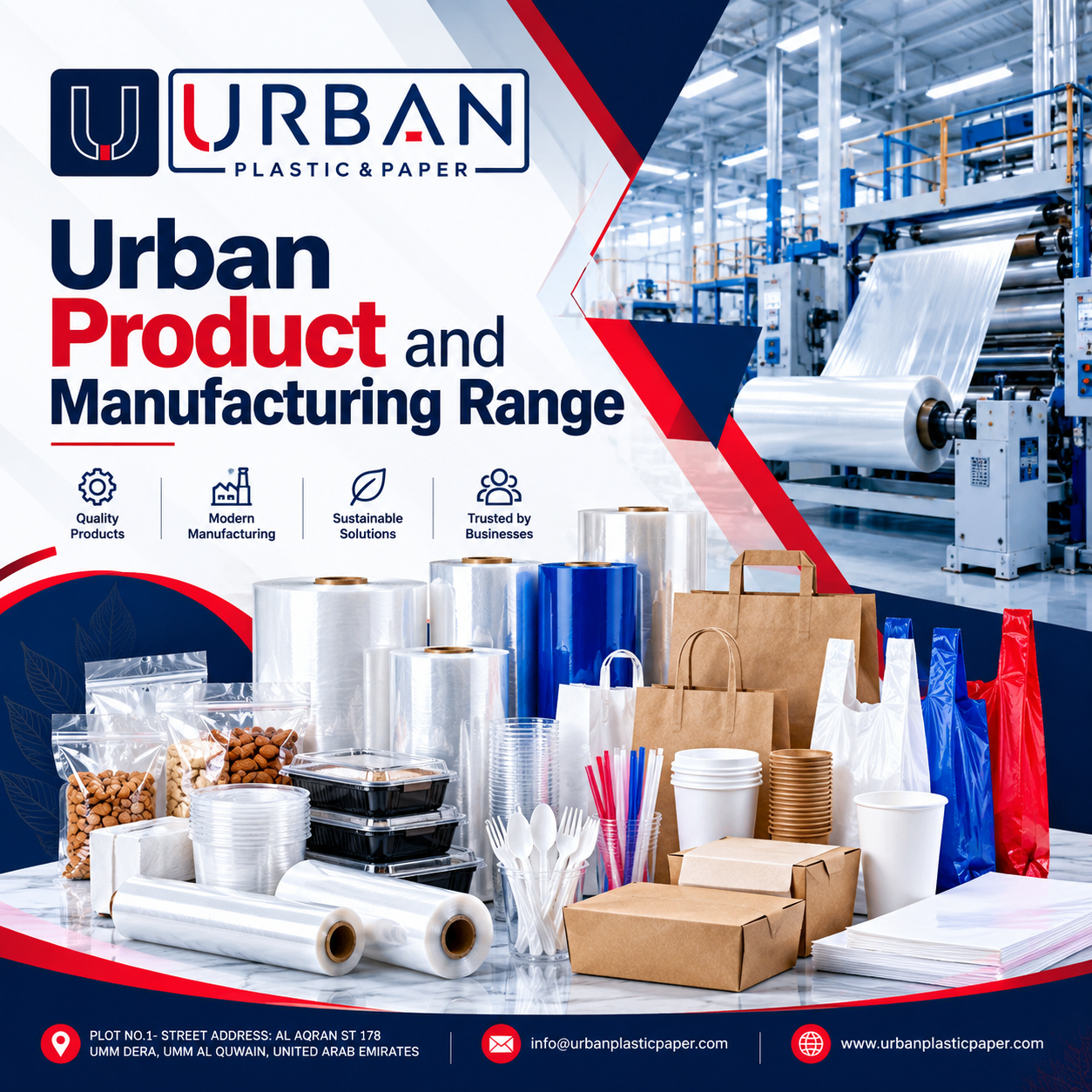 Urban plastic and paper product range with manufacturing imagery